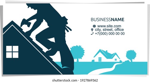 Roofer in helmet with tool on the roof of house business card