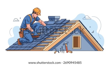 A roofer installing new shingles on a residential house roof during a sunny day.