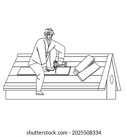 Roofer Installing Wooden Or Bitumen Shingle Black Line Pencil Drawing Vector. Roofer Man Fixing House Roof With Electronic Screwdriver. Character Repairman Worker Repair Occupation Illustration