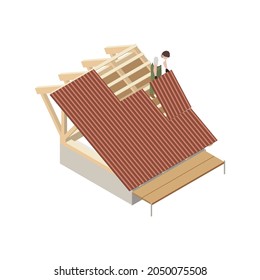 Roofer isometric icon with man installing roofing sheets vector illustration