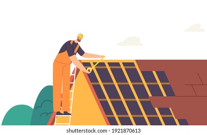 Roofer Man Residential Building Renovation. Roof Construction Worker Character Conduct Roofing Works, Repair Home, Fixing Rooftop, Tiling House with Measuring Equipment. Cartoon Vector Illustration