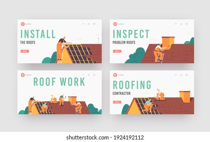 Roofer Men with Work Tools Landing Page Template Set. Roof Construction Workers Characters Conduct Roofing Works, Repair Home Rooftop, Tile House with Equipment. Cartoon People Vector Illustration