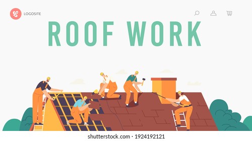 Roofer Men with Work Tools Landing Page Template. Roof Construction Workers Characters Conduct Roofing Works, Repair Home, Fixing Rooftop Tile House with Equipment. Cartoon People Vector Illustration