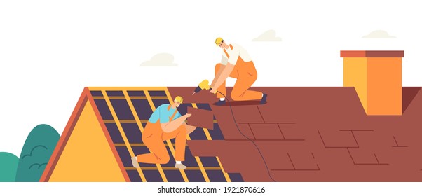 Roofer Men with Work Tools Roofing and Tiling Residential Building Roof. Construction Workers Characters Repair Home, Fixing House Rooftop Tile with Instruments. Cartoon People Vector Illustration