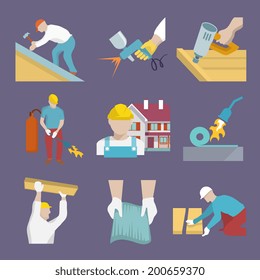 Roofer profession house improvement flat icons set isolated vector illustration