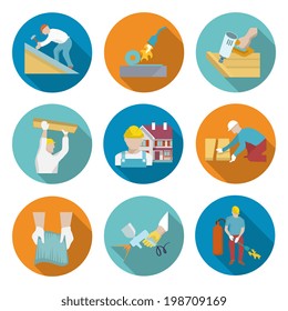 Roofer profession house improvement long shadow round button icons set isolated vector illustration