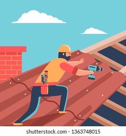 Roofer Repair Roof Covering On House. Vector Cartoon Man With Screwdriver Character Illustration.