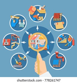 Roofer research composition with little circles combined in big round composition about roofer work vector illustration