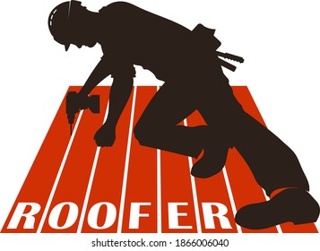 Roofer with tool on the roof silhouette for business