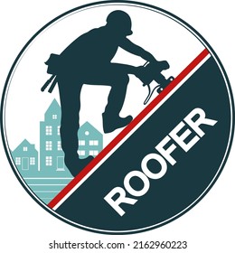 A roofer with a tool works on the roof. Symbol for a roofer. Construction and roofing