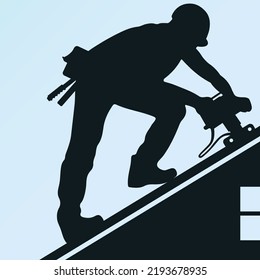 Roofer with a tool works on the roof of a house. Roofing and repair work design