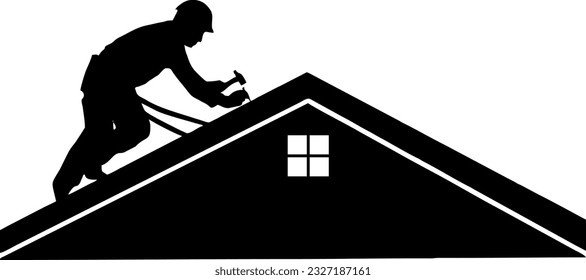 Roofer working on Roof, Roof construction worker repair home, build structure fixing rooftop, Property Maintenance (Editable) - Vector Illustration