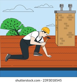 Dachstuhl, Dachstuhl-Reparaturarbeiten, Dachkonstruktion, Dachdeckerbau, Instandhaltung der Immobilien. Bauhandwerker mit Dachdecker auf dem Dach eines Hauses mit Fliesen, besetzt 2500