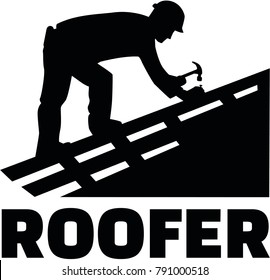 Roofer working on top of a roof with job title