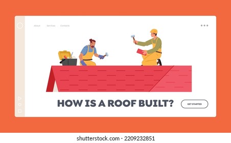 Roofers Construction Workers Landing Page Template. Men with Work Tools Roofing and Tiling Building Roof. Characters Repair House Rooftop Tile with Instruments. Cartoon People Vector Illustration