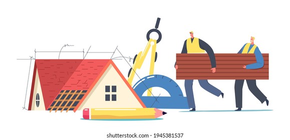 Roofers or Workers Male Characters Carry Piece of Bitumen or Tiling for Repair or Designing Cottage Roof. Home Building Renovation Process, Projecting, Engineering. Cartoon People Vector Illustration