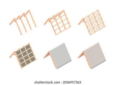 Roofing construction. Building stages various materials for roofing ceramic wood flexible thermal tiles garish vector isometric illustrations