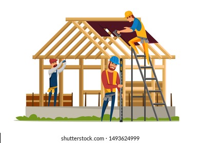 Roofing construction flat vector illustration. House building site, home walls and roof structure. Roofers, carpenters cutting wood male cartoon characters. Professional builders working drawing