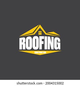 Roofing construction logo design template with roof top and slogan siolated on grey background. Vector Real estate logo or label with stylized roof