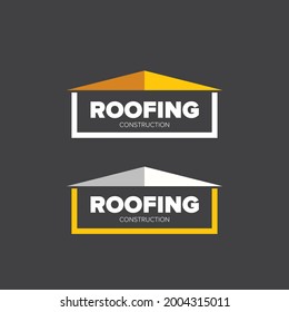 Plantilla de diseño del logo de la construcción del techo con techo y lema simulado sobre fondo gris. Logotipo o etiqueta de vectores inmobiliarios con techo estilizado