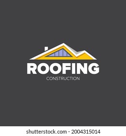 Roofing construction logo design template with roof top and slogan siolated on grey background. Vector Real estate logo or label with stylized roof