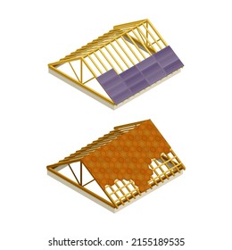 Roofing construction. Roof frame covering with tile overlapping vector illustration