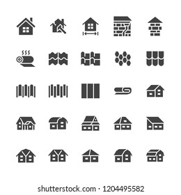 Roofing flat glyph icons. House construction, roof sheathing varieties, tile, chimney, insulation architecture illustrations. Signs for repair service. Solid silhouette pixel perfect 48x48.