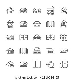 Roofing flat line icons. House construction, roofs sheathing varieties, tile, chimney, insulation architecture illustrations. Thin signs for repair service. Pixel perfect 48x48. Editable Strokes.