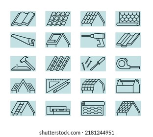 roofing icon. builders professional tools for roofing stages house installation. Vector line symbols for web design projects