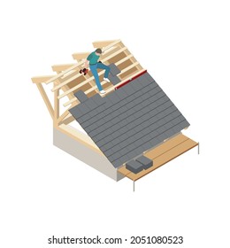 Roofing isometric icon with man working with construction level and drill on top of building vector illustration