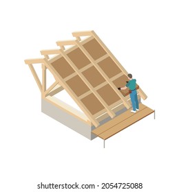 Roofing isometric icon with worker putting thermal insulation on roof vector illustration