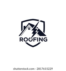 Roofing logo featuring a house silhouette with a lightning bolt inside a shield represents professional roof repair and storm damage restoration services.