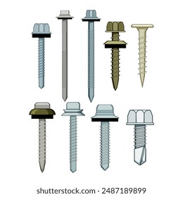 roofing screw set cartoon. steel solar, metal installation, energy bolt roofing screw sign. isolated symbol vector illustration