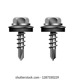 Roofing self-tapping screw. Mounting screw for profiled sheeting and corrugated metal roof. Vector illustration. 