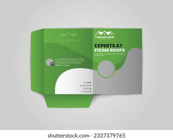 Roofing Service Presentation folder design for files, Roof repair, worker replacing gray tiles or shingles on house, Roofing - construction worker standing on a roof covering it with tiles.