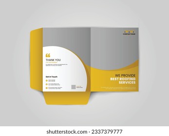 Roofing Service Presentation folder design for files, Roof repair, worker replacing gray tiles or shingles on house, Roofing - construction worker standing on a roof covering it with tiles.