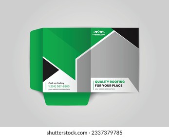 Roofing Service Presentation folder design for files, Roof repair, worker replacing gray tiles or shingles on house, Roofing - construction worker standing on a roof covering it with tiles.