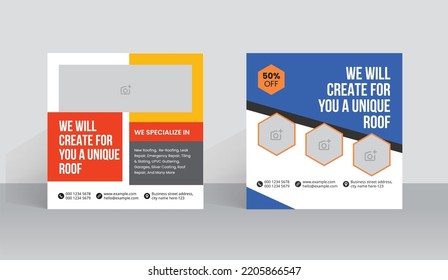 Roofing service social media post template and handyman home repair web banner design with building solution poster layout