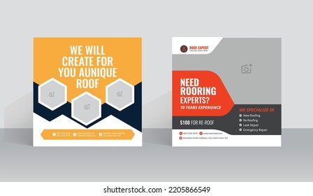 Roofing service social media post template and handyman home repair web banner design with building solution poster layout