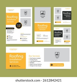 Roofing service social media post banner and square flyer or poster template set, solar energy installation service design