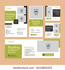 Roofing service social media post banner and square flyer or poster template set, solar energy installation service design