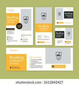 Roofing service social media post banner and square flyer or poster template set, solar energy installation service design