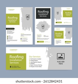 Roofing service social media post banner and square flyer or poster template set, solar energy installation service design