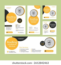 Roofing service social media post banner and square flyer or poster template set, solar energy installation service design