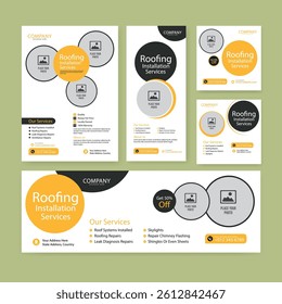 Roofing service social media post banner and square flyer or poster template set, solar energy installation service design