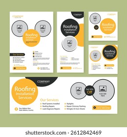 Roofing service social media post banner and square flyer or poster template set, solar energy installation service design