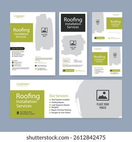 Roofing service social media post banner and square flyer or poster template set, solar energy installation service design