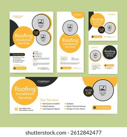 Roofing service social media post banner and square flyer or poster template set, solar energy installation service design