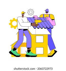 Ilustración vectorial de concepto abstracta de servicios de revestimiento. Reparación de techos, construcción de techos de altura, mantenimiento de viviendas, inspección de fugas, instalación de techos nuevos, daños por tormenta, metáfora abstracta en pendiente.