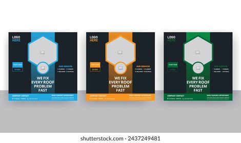 Roofing services social media poster design template and handyman home repair leaflet brochure cover template